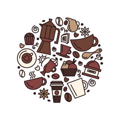 Set of coffee theme. Line art draw icons in the circle.Vector illustration