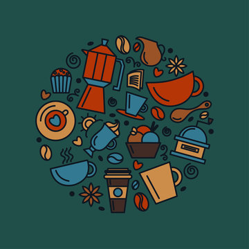 Set of coffee theme. Line art draw icons in the circle.Vector illustration