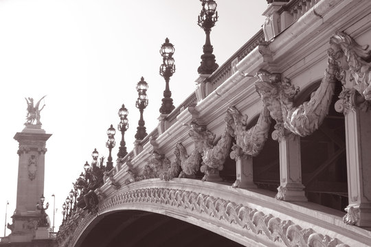 Fototapeta Pont Alexandre III Bridge in Black and White Sepia Tone  Paris
