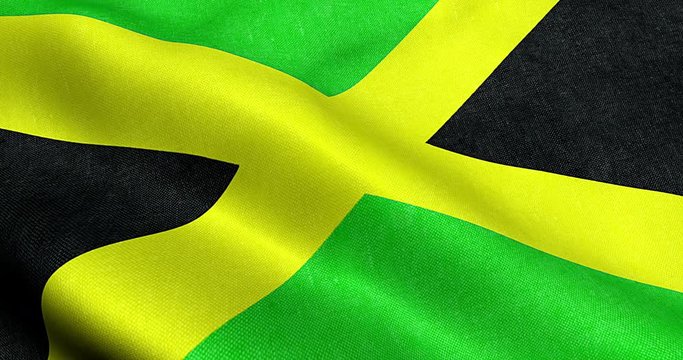 closeup of animation waving jamaica flag, cross stripes, national symbol of jamaican sign