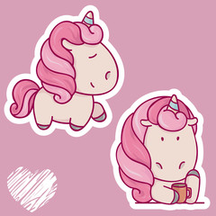 Vector set of  of cute unicorn logo with cup of coffee Thin flat line art design for unicorn party poster,stickers, t-shirt design, invitation, greeting card or company logo. children's illustration
