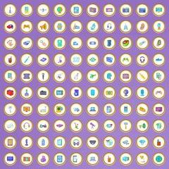 100 electronic device icons set in cartoon style