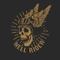 racer skull in winged helmet isolated on dark background. Design element for emblem, poster, t-shirt. Vector illustration