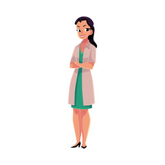 Fototapeta premium Female, woman doctor in white medical coat standing confidently with arms folded, crossed on breast, cartoon vector illustration isolated on white background. Full length portrait of female doctor