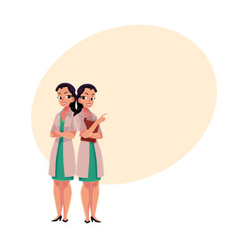 Two female, woman doctors in white medical coats, one with arms folded, another holding clipboard, cartoon vector illustration with place for text. Full length portrait of two female doctors