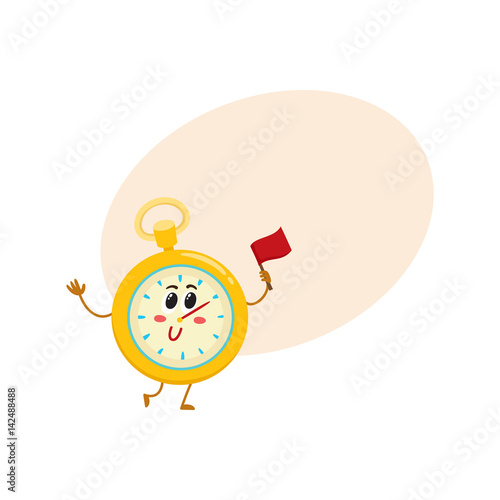 "Funny stopwatch, timer, timekeeping character with smiling human face