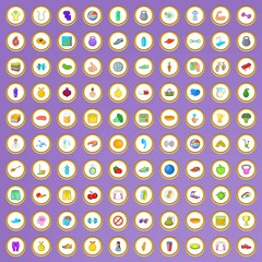 100 fitness equipment icons set in cartoon style