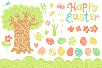 Set of Festive Decorations for Happy Easter. Congratulatory inscription, painted eggs, large tree, flowers and other elements.