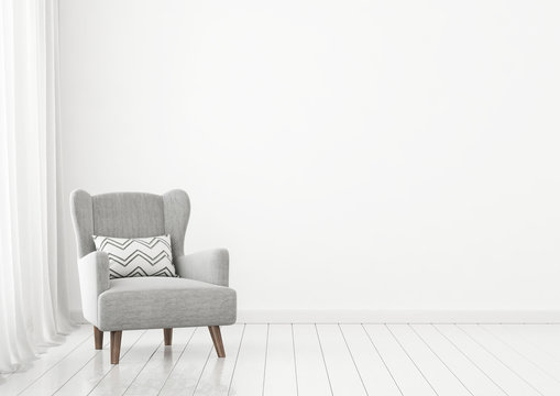 Simple livingroom interior wall mock up with grey armchair near window on clear white background. 3D rendring.