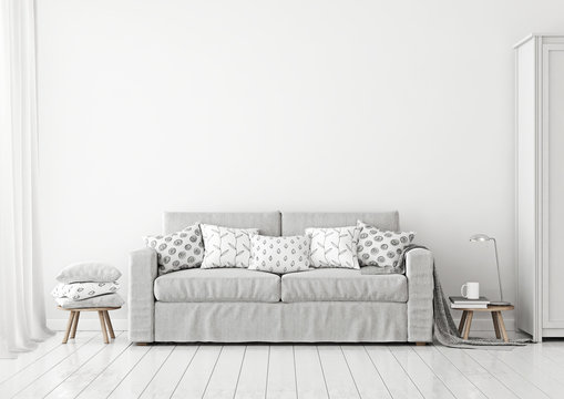 Scandinavian style livingroom interior with grey sofa and pilllows on neutral white wall background. 3D rendering.