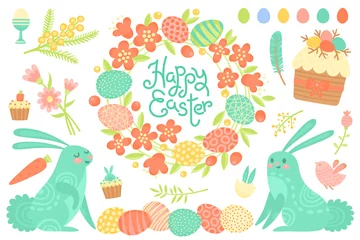 Tafelkleed Set feestelijke decoraties voor vrolijk Pasen. Felicitatie-inscriptie, beschilderde eieren, bloemenkrans, pasen-cupcakes en andere elementen. © baksiabat