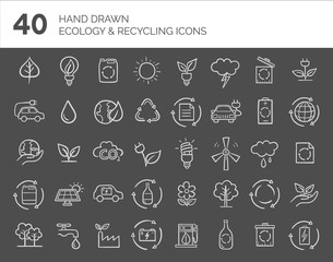 Hand drawn Ecology and Recycling icons set. Vector illustration.