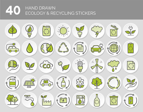 Hand drawn Ecology and Recycling button set. Vector illustration.