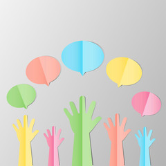 Colorful Raised hands up with blank bubble for volunteering or follow your dreams vector concept paper cut style..