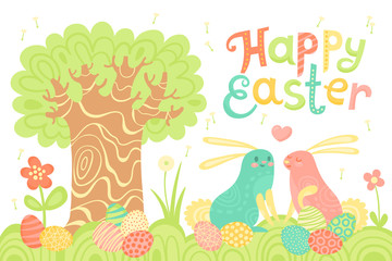 Happy Easter festive postcard with rabbits painted eggs on a meadow.
