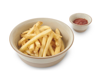 Isolated and clipping path of french fries with tomato sauce.