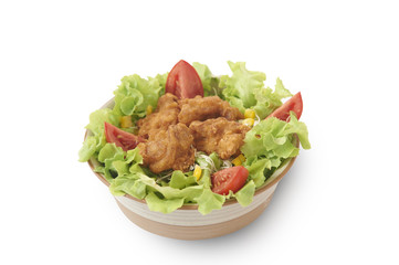 Isolated and clipping path of salad and deep fried chicken.