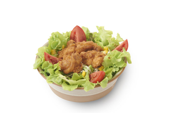 Isolated And Clipping Path Of Salad And Deep Fried Chicken.