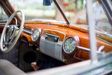 Retro car, retro torpedo car, vintage steering wheel