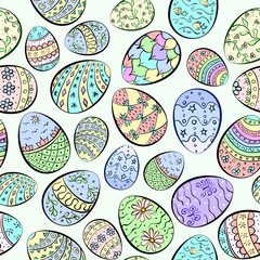 Seamless pattern. Colorful different easter eggs with flowers, butterflies, leaves, stars, abstract. Pastel shades. Vector illustration.