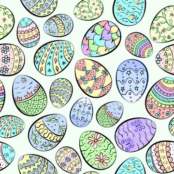 Seamless pattern. Colorful different easter eggs with flowers, butterflies, leaves, stars, abstract. Pastel shades. Vector illustration.
