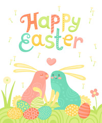 Happy Easter festive postcard with rabbits painted eggs on a meadow.