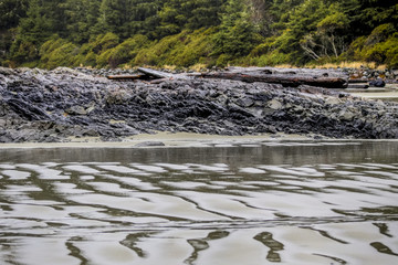 Tide coming up towards rocky shoreline
