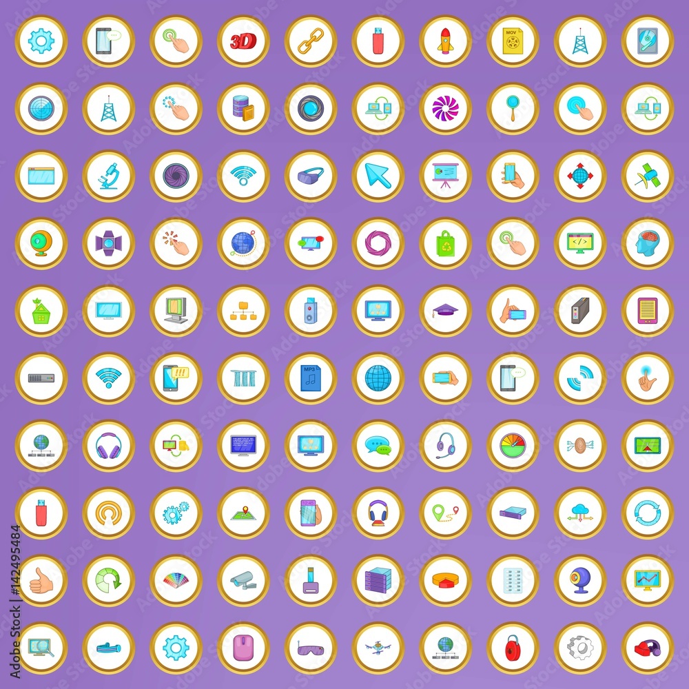 Poster 100 web development icons set in cartoon style