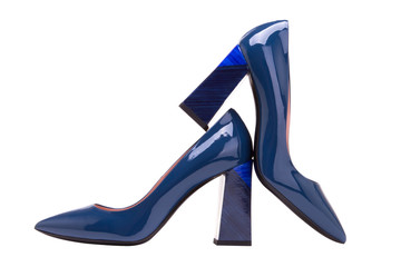 Blue patent leather shoes on the heel.