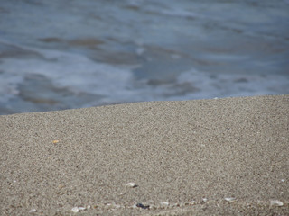 Closeup of sand beach with sea blurred background