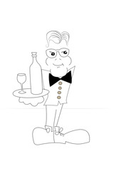 Drawing a waiter with a tray in his right hand on a white background