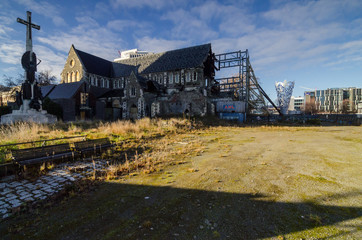 Obraz premium Christchurch, New Zealand, 7 AUG, 2016: Christchurch city's iconic Christchurch Cathedral was severely damaged and lost its spire after the February 2011 Christchurch earthquake.