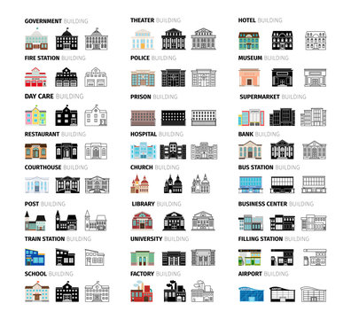 Buildings cartoon icons set