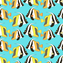 Vector seamless pattern with beautiful fish, coral fish hand drawn colorful illustration. Sketch with black and white masked bannerfish, marine animal
