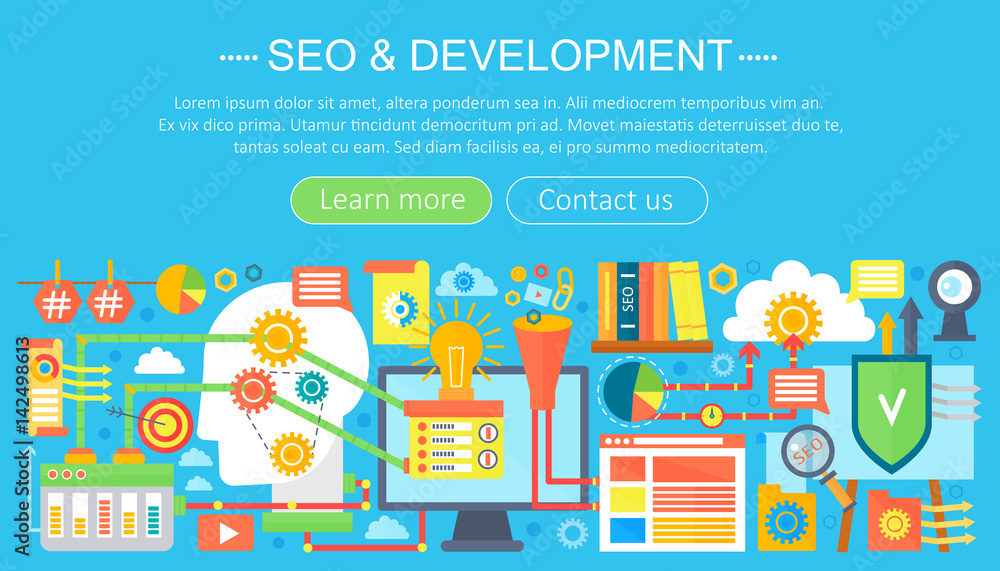 Poster seo and development concept design infographics template design, web header seo icons elements. vect