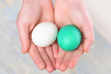 painted easter eggs white, green color in human hands