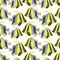 Obraz premium Vector seamless pattern with beautiful fish, coral fish hand drawn colorful illustration. Sketch with black and white masked bannerfish, marine animal