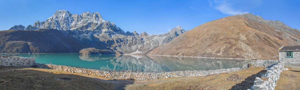 Beautiful morning panoramic view from the village of Gokyo on the lake Dudh Pokhari - Nepal, Himalayas