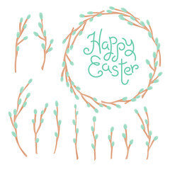 Happy Easter inscription, wreath and set of willow twigs.