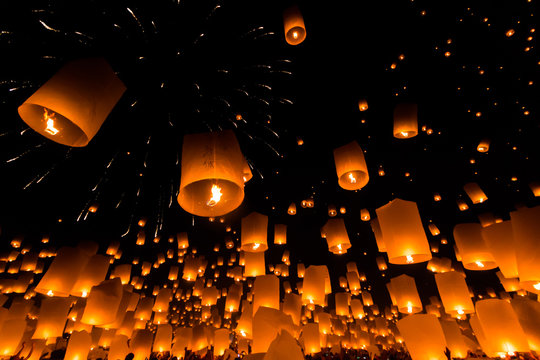 Floating lantern in Loy Kratong festival, Chiangmai province of Thailand. Buddhists believe that the sorrow will be gone and the hope will come.