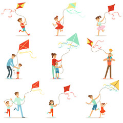 Happy kids running with kite. Parents help children run a kite, a fun family vacation.