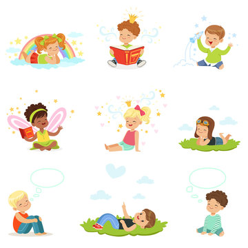 Happy and lovely children play and dream. Cartoon detailed colorful Illustrations