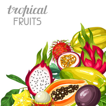 Background with exotic tropical fruits. Illustration of asian plants