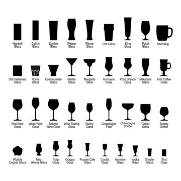 Bar glasses with names, black silhouette icons set, vector illustration