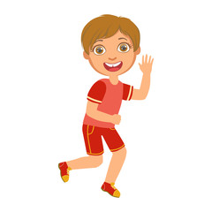 Little boy running in a red shirt and shorts and smiling, a colorful character