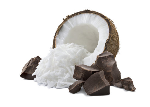 Coconut broken chocolate pile isolated on white