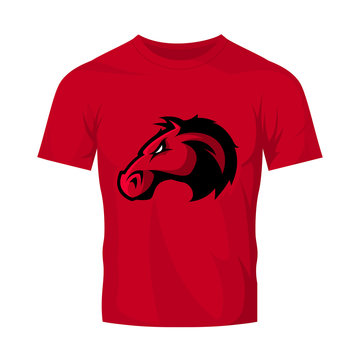Furious horse head sport club vector logo concept isolated on red t-shirt mockup. Modern professional team badge design.
Premium quality wild stallion animal t-shirt tee print illustration design.