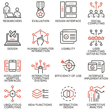 Vector set of 16 linear quality icons related to design, development, prototype of user interface and interaction. Mono line pictograms and infographics design elements