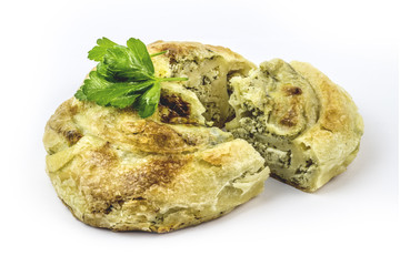 Cheese and spinach burek on white background