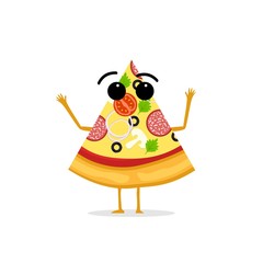 Funny and cute Pizza character isolated on white background. Pizza with smiling human face vector illustration. Kids restaurant menu